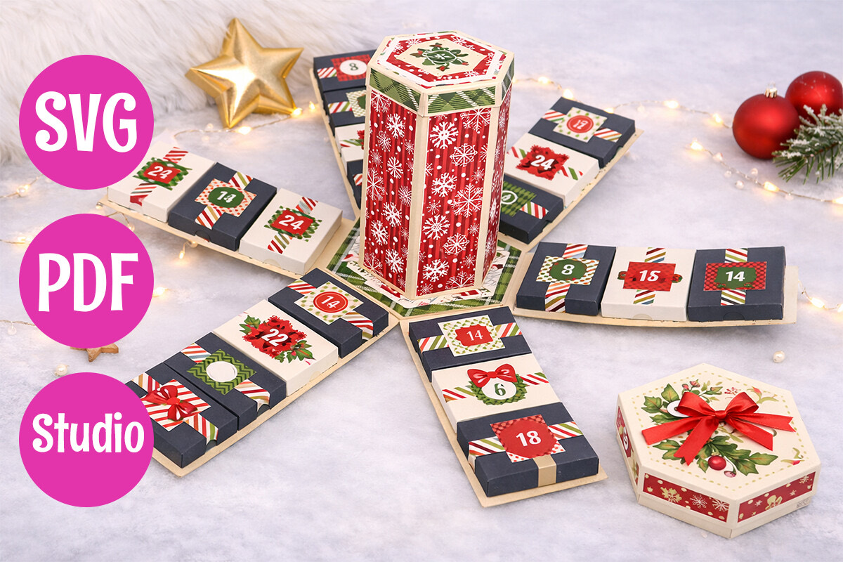 Boîte explosive de Noël à découper à la Cricut contenant 24 petites boîtes