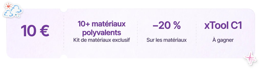 Avantages de l'acompte de 10 € pour la xTool C1 : kit de plus de 10 matériaux, 20 % de réduction sur les matériaux, une C1 à gagner