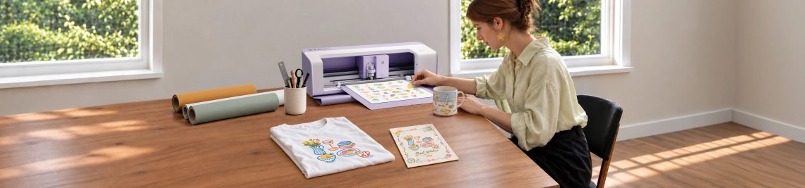 xTool C1 Color Cutter, machine de découpe avec imprimante intégrée, posée sur un bureau avec un t-shirt et une carte personnalisés