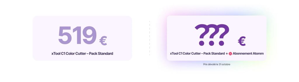 Prix de lancement de la xTool C1 : 519 € pour le Pack Standard, prix du pack avec abonnement Atomm dévoilé le 31 octobre
